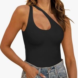 ReoRia Women's Black Asymmetrical Strap Bodysuit